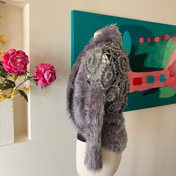 BOLERO CARDIGAN WOOL BLEND GREY KNIT FUZZY 3/4 SLEEVE SHAWL COLLAR SMALL - Picture 1 of 13